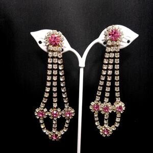 Vintage Pink Rhinestone Dangle Clip Earrings, Silver Tone